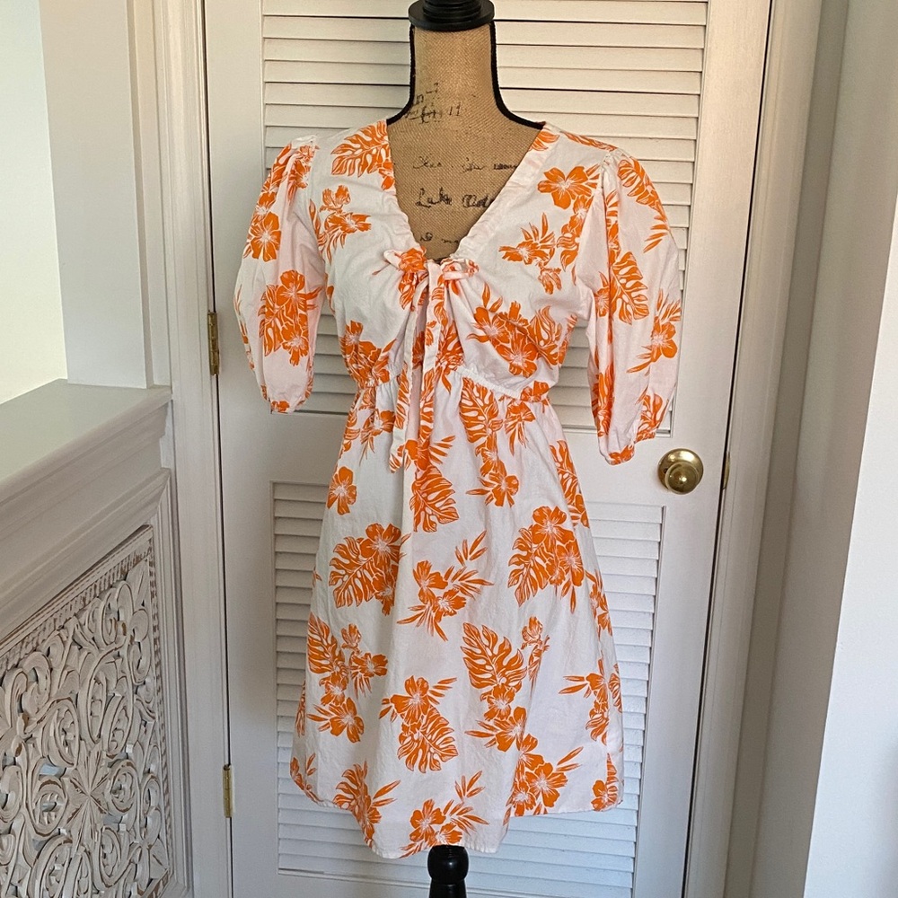 White & Orange Floral Tie-Front Summer Dress
